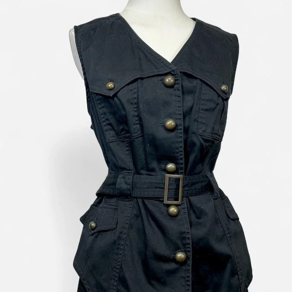 CATO Black Button Up Military Vest Belted Womens 14/16W Alt Grunge